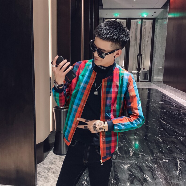 社会风春秋春装修身细方格撞色棒球领夹克B297-7190-P70,男装夹克,电商B297