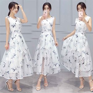 2022无袖圆领甜美夏季花色长款套头中腰连衣裙,女装连衣裙,时尚俏佳人
