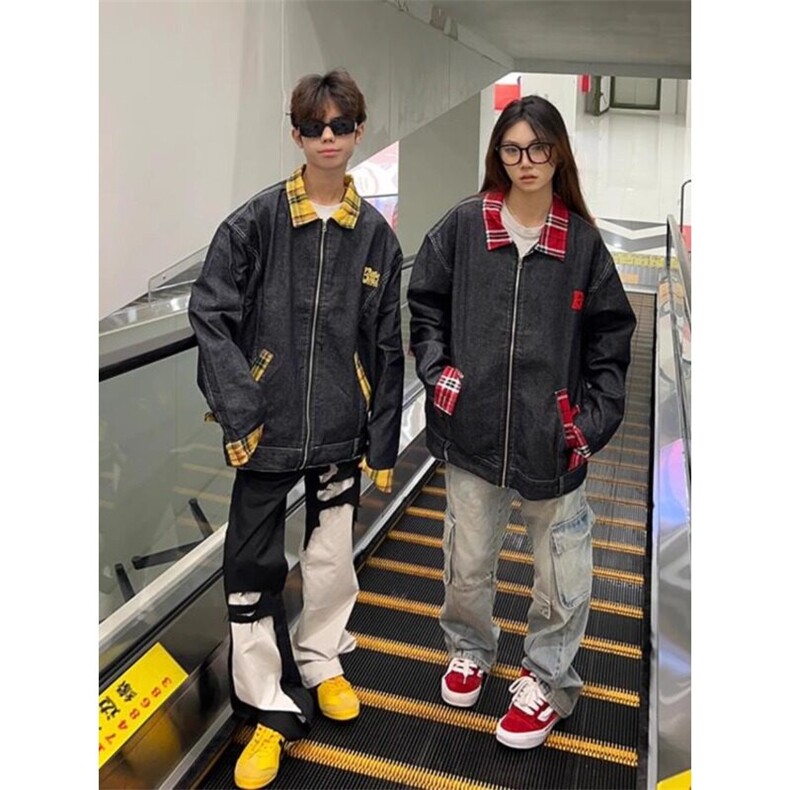 W9605-P70网图现货复古格子翻领拼接美式工装拉链牛仔夹克,男装夹克,星座1608-2