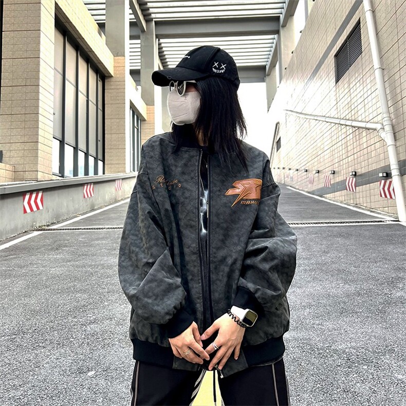 秋冬美式街头复古水洗字母刺绣棒球服夹克男嘻哈宽松小众高街外套图片