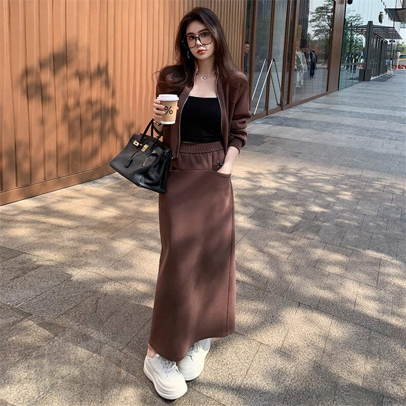 女秋季收腰立领开衫卫衣开叉半身裙两件套图片
