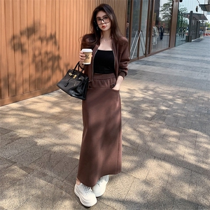 女秋季收腰立领开衫卫衣开叉半身裙两件套图片