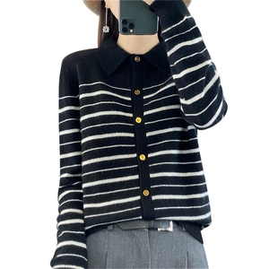 新款100羊毛Polo衫女拼色条纹针织打底衫宽松外套秋冬毛衣图片