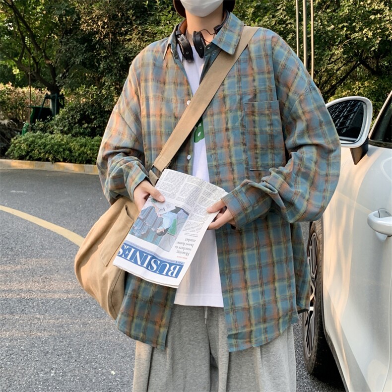 美式复古高街格子衬衫男女宽松休闲外套情侣长袖上衣CS01142-P43,男装衬衫,星座308B-1