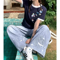 蝴蝶花朵高腰直筒牛仔裤女夏季新款时尚宽松窄版休闲拖地阔腿长裤，男装牛仔裤，星座1210-1