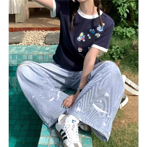 蝴蝶花朵高腰直筒牛仔裤女夏季新款时尚宽松窄版休闲拖地阔腿长裤图片