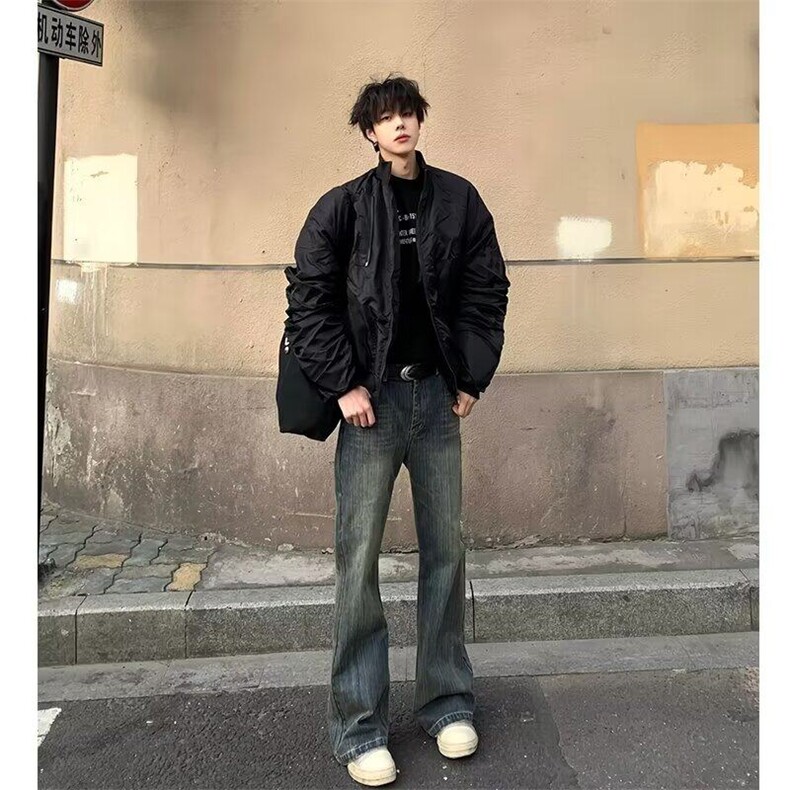 竹节纹复古蓝牛仔裤男款高街美式vibe裤子高个子加长版直筒微喇裤,男装牛仔裤,星座603-2