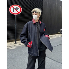 复古红色格子翻领拼接美式工装拉链牛仔夹克欧美高街JK8365-P75，男装夹克，星座1109-3