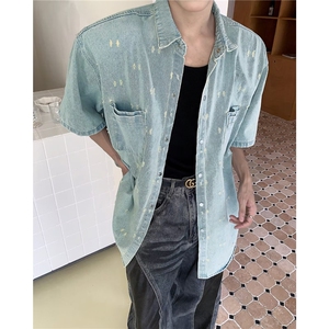 垫肩破洞牛仔衬衫男生外套cleanfit潮痞帅宽松休闲衬衣外套C9995