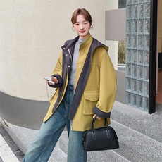 25冬新品呢子风衣撞色帽子可拆5538-P235-K358，女装短外套，2C305