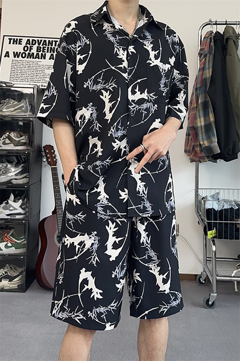 中式风泼墨印花高街复古休闲套装宽松百搭设计感两件套TZ103-P43,男装休闲套装,电商A178