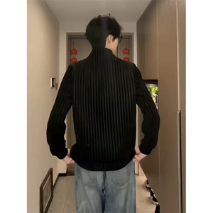 高品质春装新款老钱风美式高街鱼骨纹斜拉链解构高领卫衣长袖t恤图片