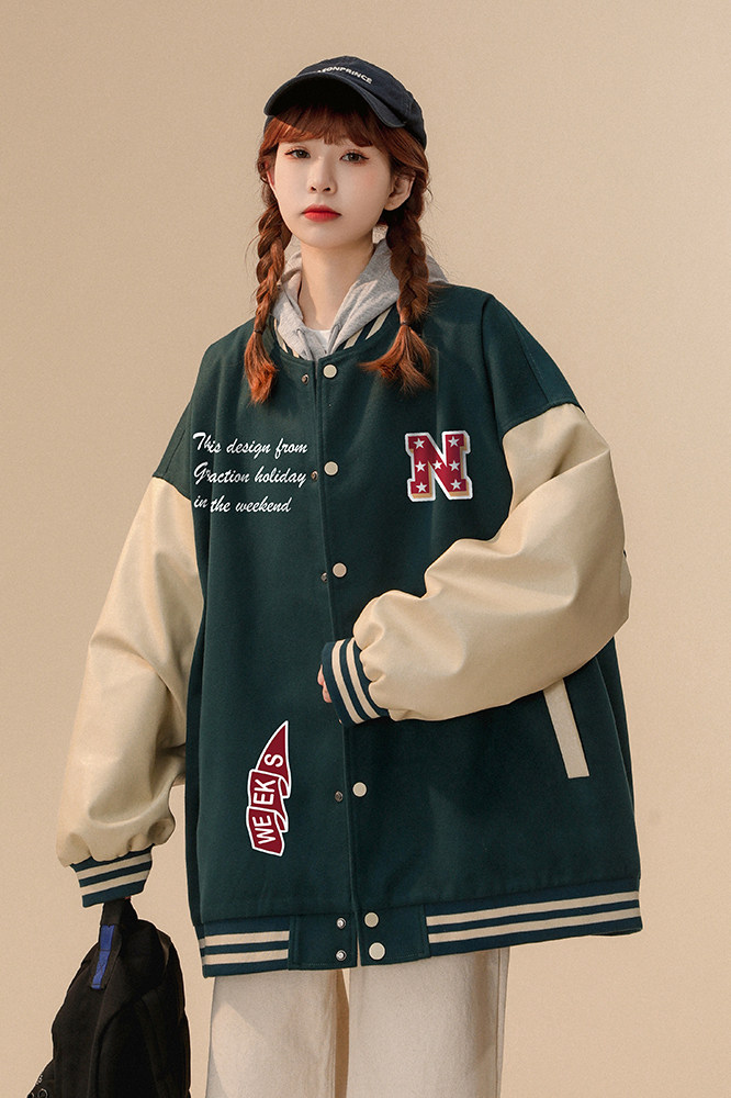 中性风23春季潮牌字母印花pu皮翻领棒球服夹克外套G642P85控108,男装夹克,A247A