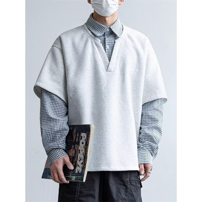5695-P50潮牌复古学院风假两件衬衫宽松情侣长袖卫衣,男装衬衫,星座617A-2