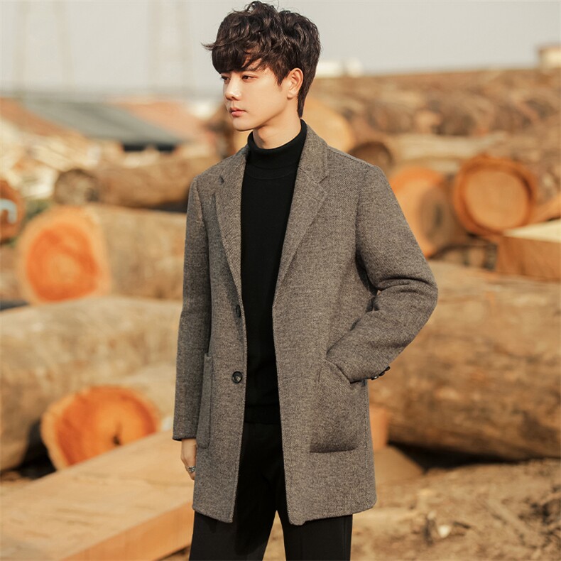 冬季毛呢大衣带内胆中长款英伦风青年韩版呢子双面呢外套1901P425，男装毛呢大衣，电商A355（原A415）