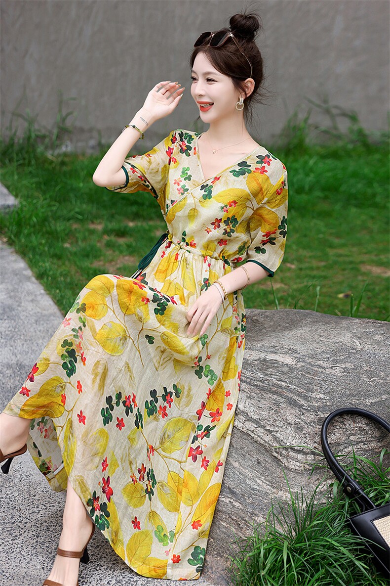 苎麻碎花连衣裙女夏季2025新款高档轻奢复古气质收腰长裙子,商品下架区,水衣源