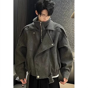 假两件短款毛呢大衣男秋冬痞帅美式结构呢子风衣外套 J7246图片