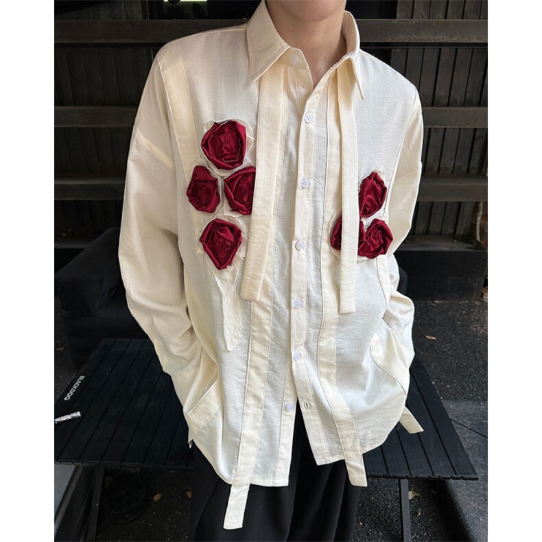 现货25春秋新品燃烧玫瑰设计感手工花卉植物系长袖衬衫CS67-P98，男装衬衫，电商B288