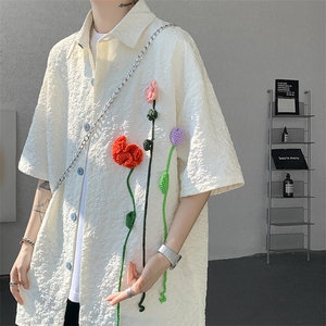 夏季法式小众肌理感衬衫短袖原创立体花朵衬衣多巴胺外套男 CS531图片