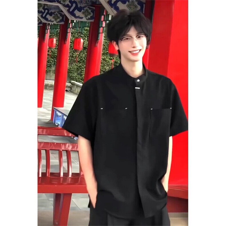 新中式立领短袖衬衫男夏季领证订婚穿搭风暗扣工装五分半袖衬衣,男装衬衫,星座601-2