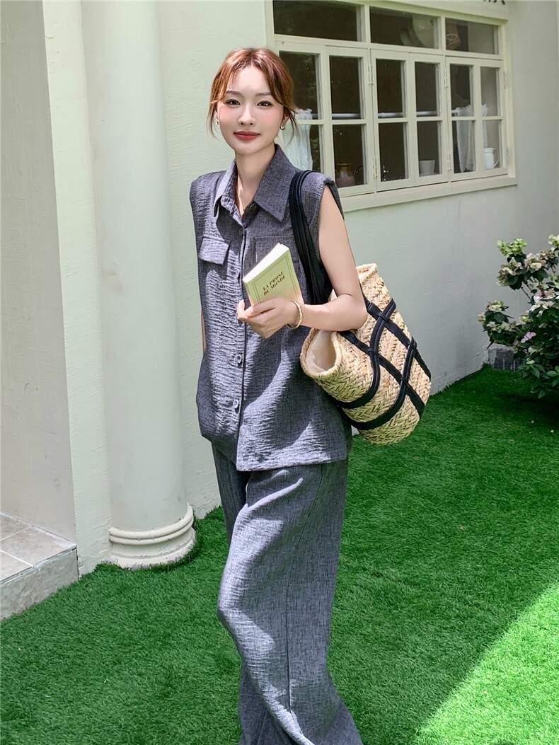 韩系高级感深灰色马甲套装女2025年夏季新款减龄显瘦阔腿裤两件套,女装套装/套裙,蝶眷