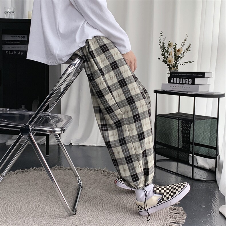 910A-A09港风夏秋薄款情侣大直筒束脚格子裤休闲裤男,男装休闲裤,星座910A