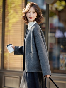 极简风百搭灰色双面呢羊毛外套女2025秋冬新款高级感气质毛呢大衣图片