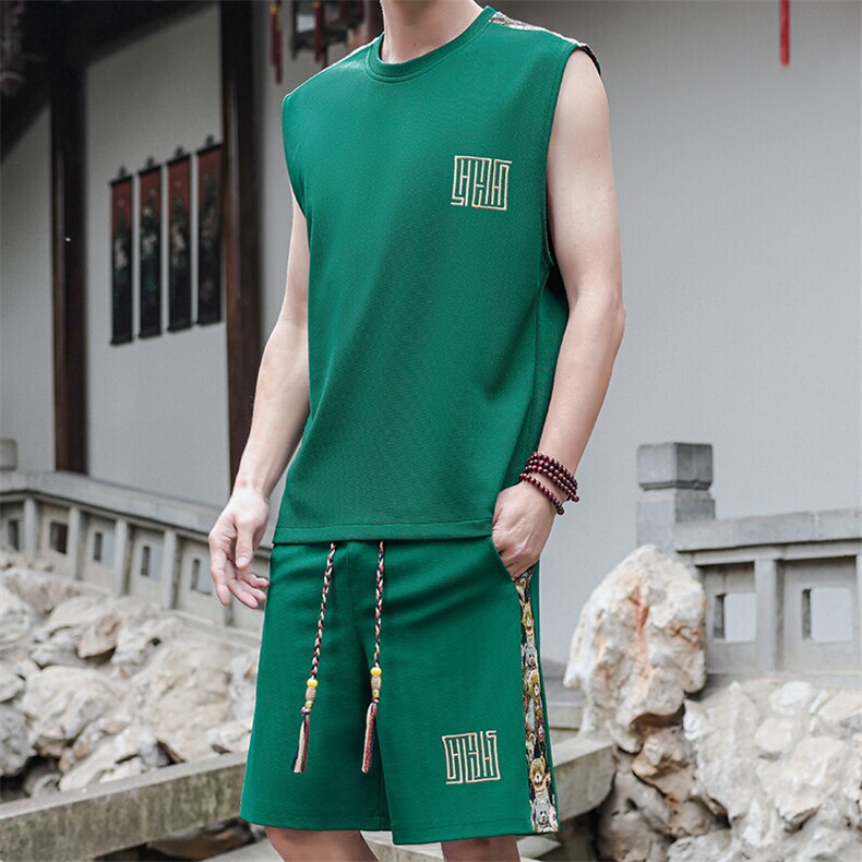 刺绣风休闲运动套装男背心短裤两件套拼接潮A266-TZ2207-P43,男装牛仔裤,电商A266