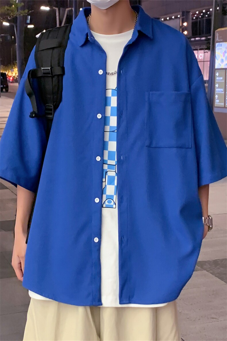 C6053/P35夏季港风新款华夫格开衩宽松短袖衬衣男装大码衬衫控55,男装衬衫,电商A141