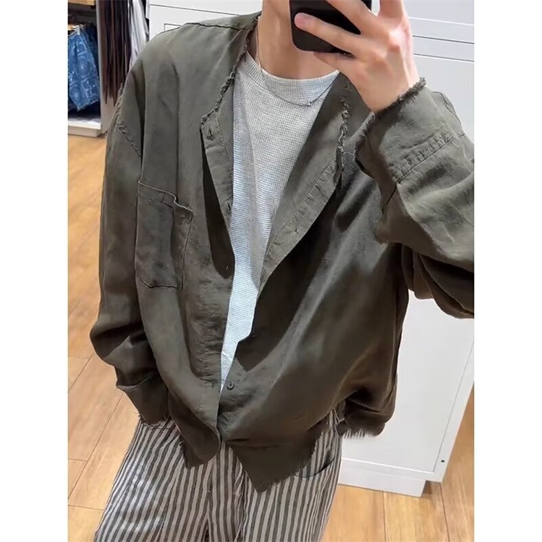 W10205-P43网图现货ins原宿亚麻衬衫无领衬衣简约新款文艺潮流,男装衬衫,星座1608