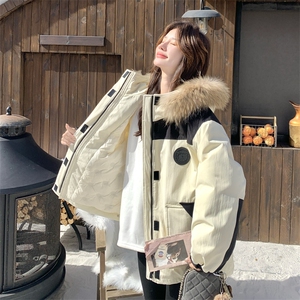米色毛领连帽撞色派克鹅绒羽绒服女冬独特超好看加绒加厚工装外套图片