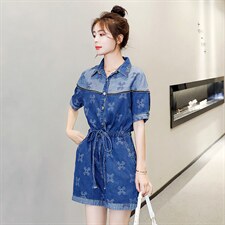 2021夏季新款时尚气质小翻领印花刺绣撞色拼接复古牛仔连体裤，女装连体裤，秋水欣儿