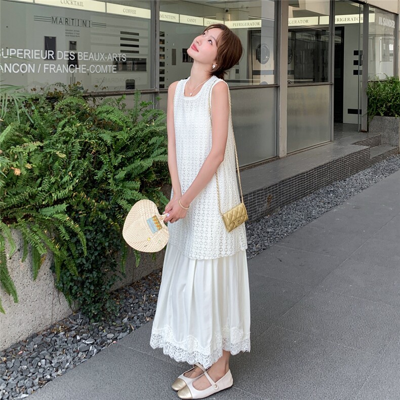 设计感蕾丝拼接假两件白月光无袖长裙夏季新款超好看显瘦连衣裙女,女装连衣裙,2C112
