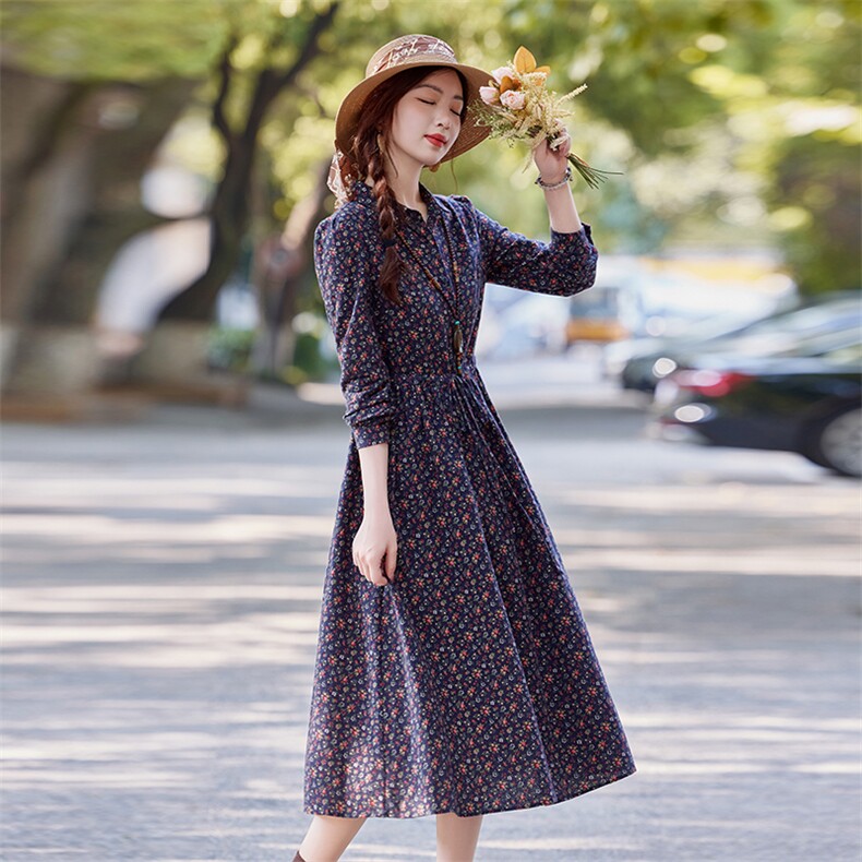 小碎花连衣裙女春秋2025新款气质文艺中长款收腰显瘦纯棉裙子长袖,商品下架区,水衣源