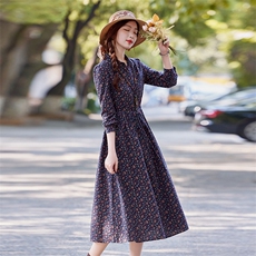 小碎花连衣裙女春秋2025新款气质文艺中长款收腰显瘦纯棉裙子长袖，商品下架区，水衣源