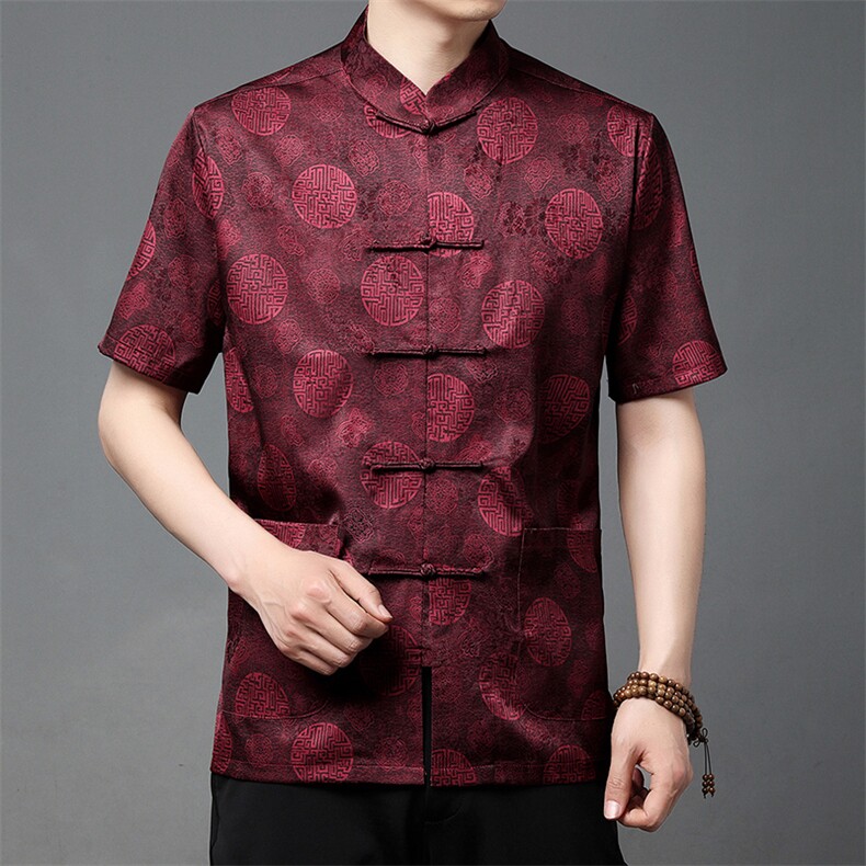 香云纱唐装男中老年夏季短袖衬衫真丝风夏装爸爸装T恤，男装T恤，钱塘723