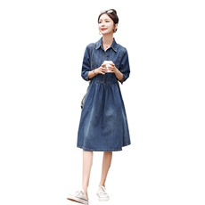 复古牛仔连衣裙女2024年春秋季新款时尚休闲减龄小个子中长款裙子，女装连衣裙，秋水欣儿