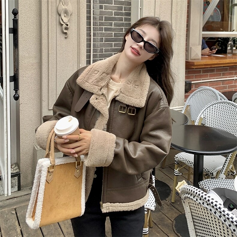 皮毛一体上衣女冬季美拉德立领羊羔毛皮衣外套，女装羊羔毛/颗粒绒，浙宝B116