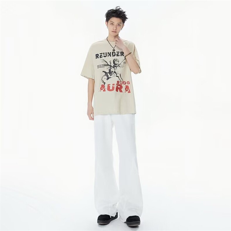 美式微喇牛仔裤宽松潮牌拼接水洗做旧高街阔腿拖地长裤TA116P57,男装牛仔裤,星座1013-1