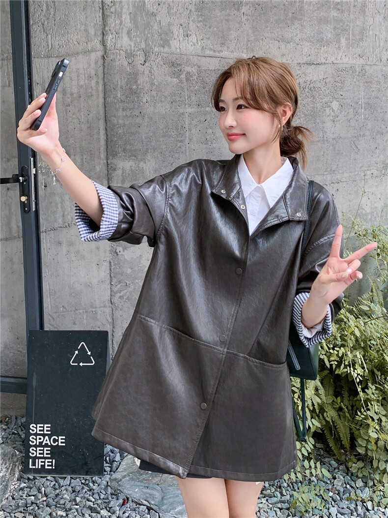 高级感咖色西装皮衣外套女秋季季宽松2025新款PU皮夹克韩版时尚潮,女装皮衣,意芙