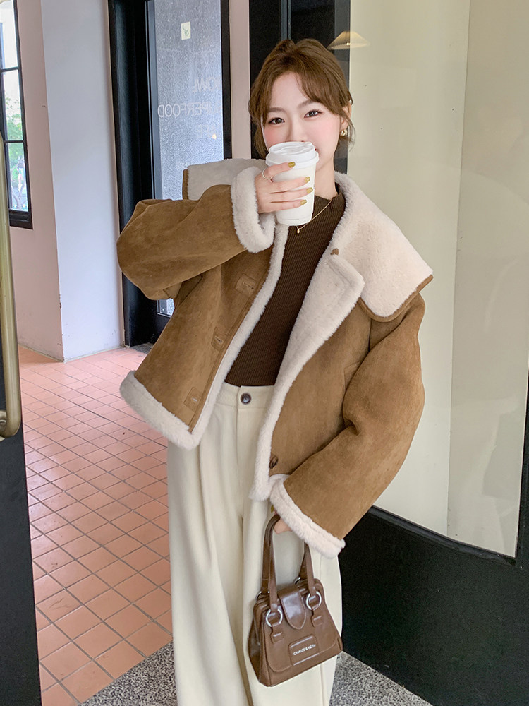 咖色羊羔毛宽松学院风皮毛一体外套韩系减龄棉服6086P195K288,女装棉衣/棉服,维壹