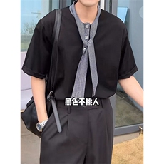 飘带丝巾领设计短袖T恤男夏季韩系chic穿搭半袖体恤T3683-特价P40，男装T恤，电商A007