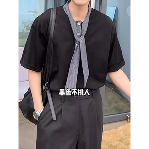 飘带丝巾领设计短袖T恤男夏季韩系chic穿搭半袖体恤T3683-特价P40图片