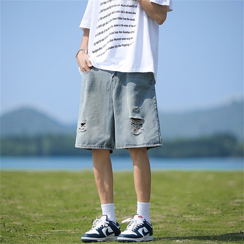 破洞牛仔短裤男夏季美式高街潮牌痞帅宽松直筒五分裤子S2399-p39,男装牛仔裤,星座1008