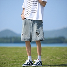 破洞牛仔短裤男夏季美式高街潮牌痞帅宽松直筒五分裤子S2399-p39，男装牛仔裤，星座1008