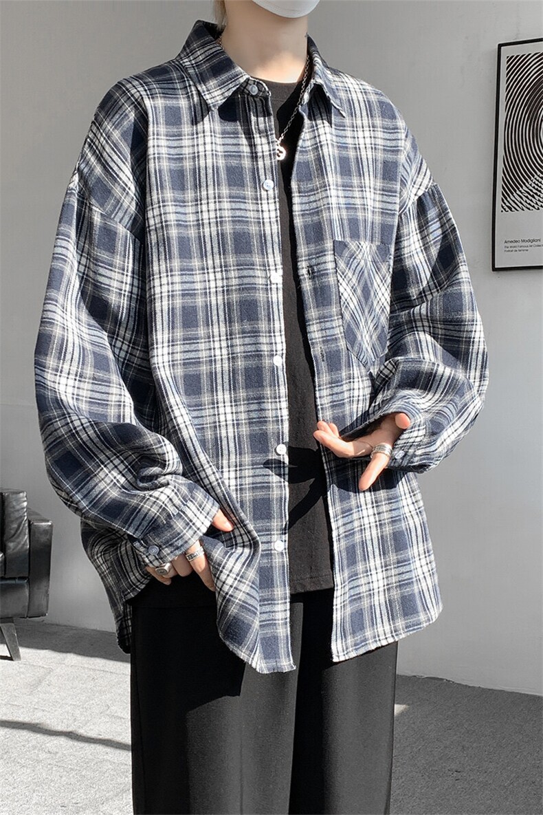 衬衫男秋季新款港风宽松磨毛格子长袖衬衣CS601-特P27,男装衬衫,星座214-3