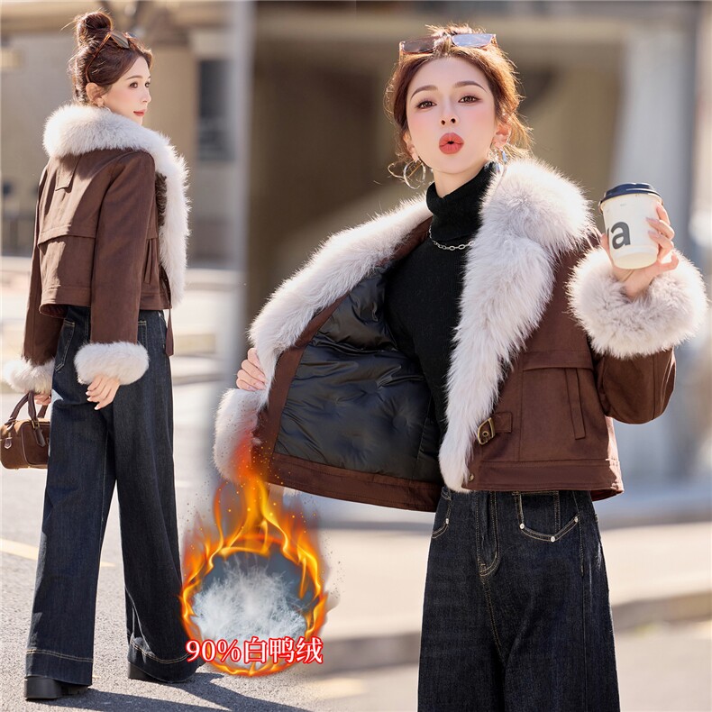 【bao款大货已出】2025年冬季新款仿麂皮绒狐狸毛羽绒服外套90绒，女装羽绒服，雅静靓衣