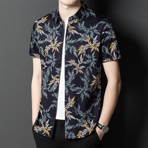 男士时尚印花丝光棉短袖衬衫男薄款翻领夏季新款青年潮流百搭体恤图片
