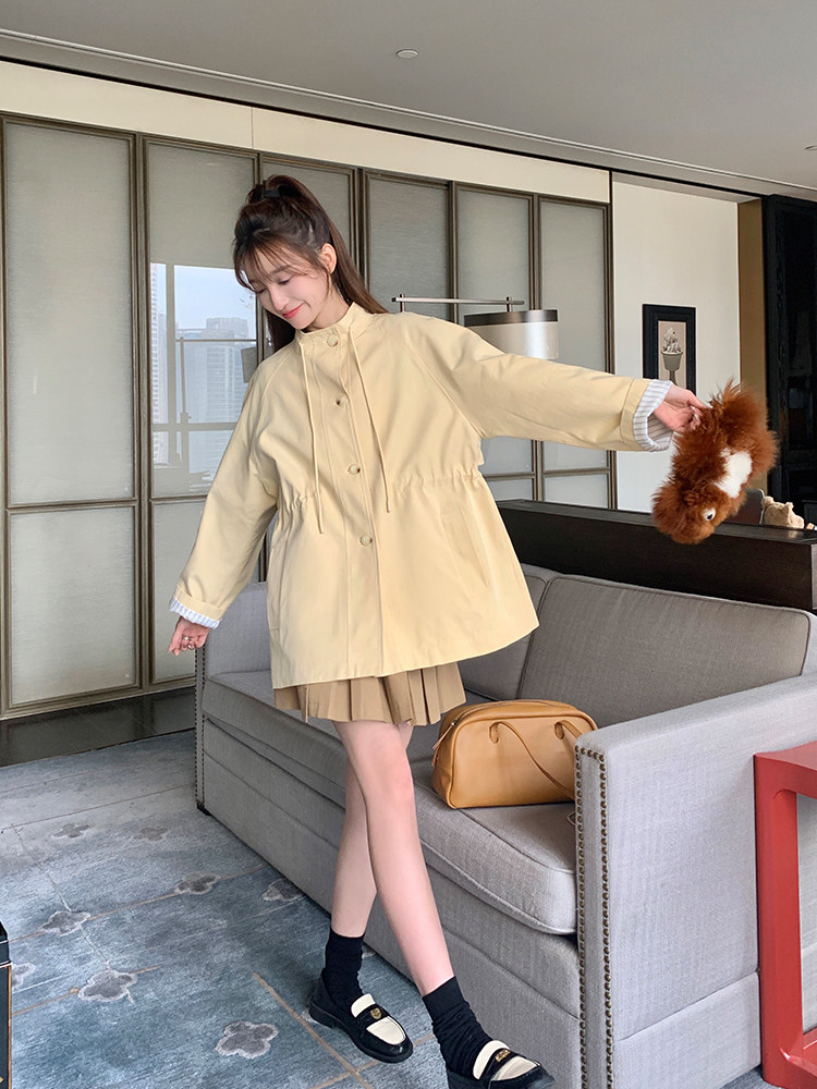 黄色工装风衣外套女春秋2024新款韩系宽松小个子抽绳收腰显瘦夹克,女装风衣,浙宝192（原082）