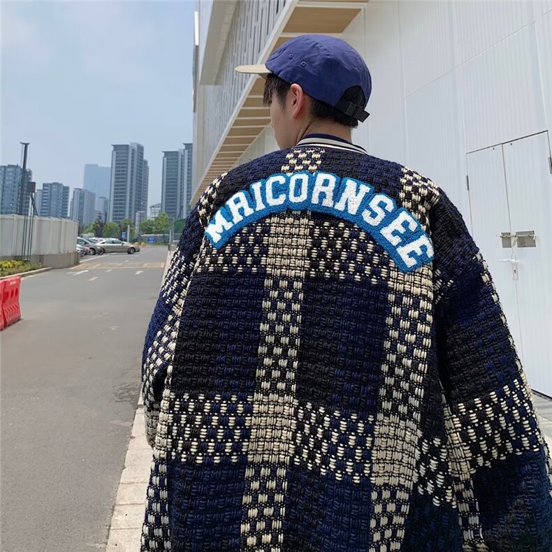 复古美式针织格子棒球领棉服男女潮酷bf加厚情侣外套JK01P85,男装夹克,星座1116-2